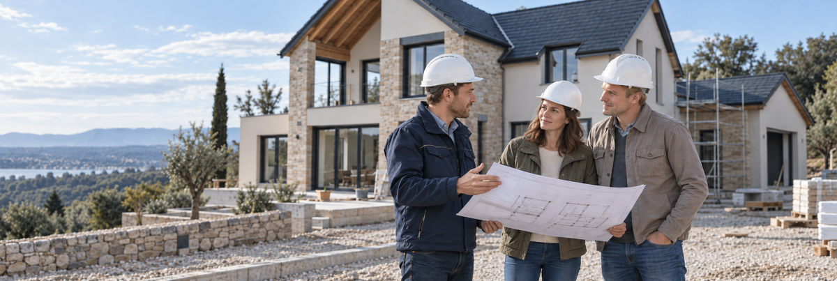Échange sur les plans devant une maison en construction